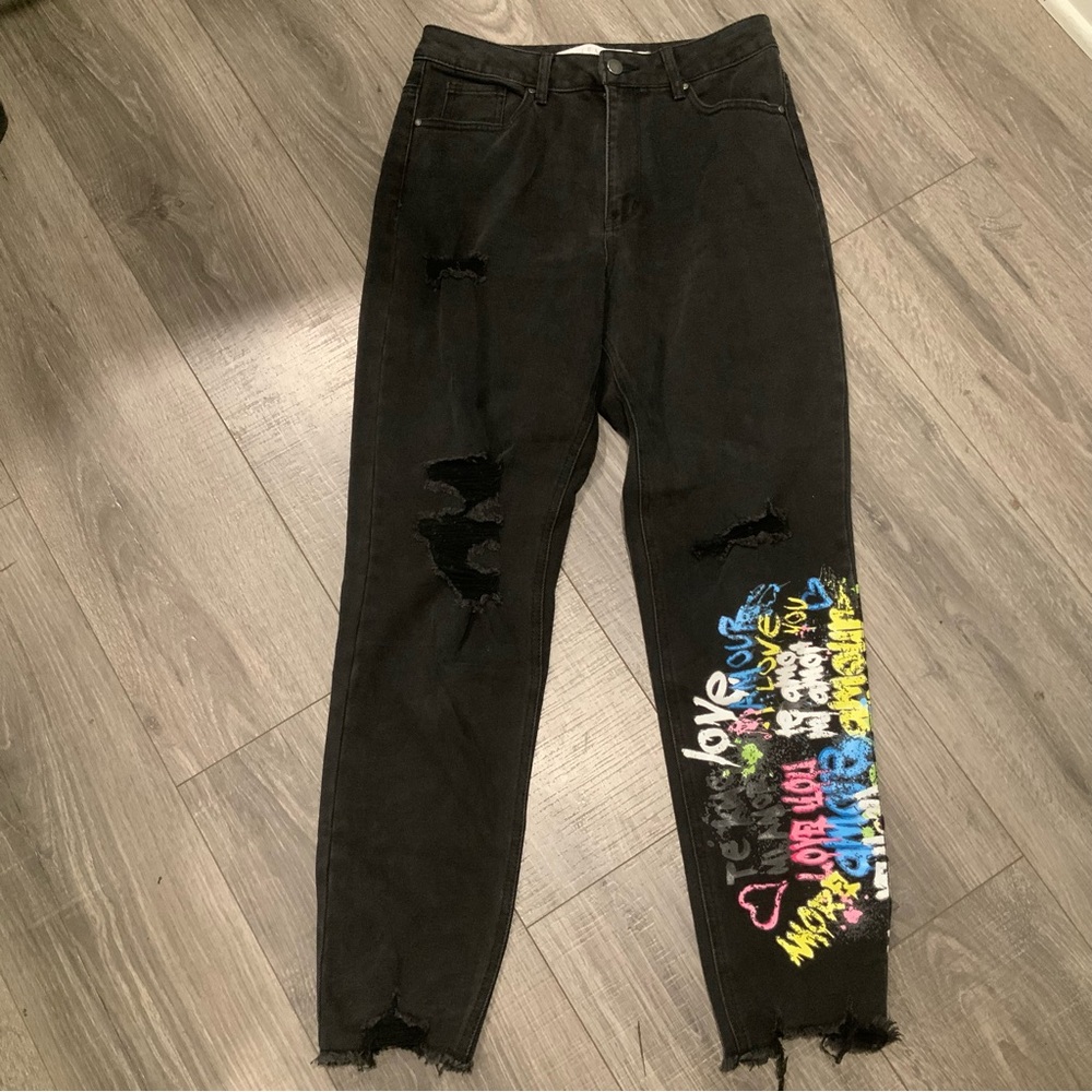 Tinseltown Black Hi rise Distressed Jean graffiti raw hem sz 9